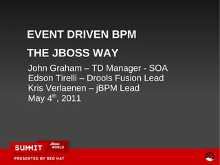 John Graham – TD Manager - SOA Edson Tirelli – Drools Fusion Lead Kris Verlaenen – jBPM Lead May 4 th , 2011   EVENT DRIVE...