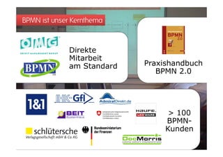 BPMN ist unser Kernthema



             Direkte
             Mitarbeit
               ta be t
             am Standard   Praxishandbuch
                           P   i h db h
                              BPMN 2.0




                                 > 100
                                BPMN-
                                Kunden
 
