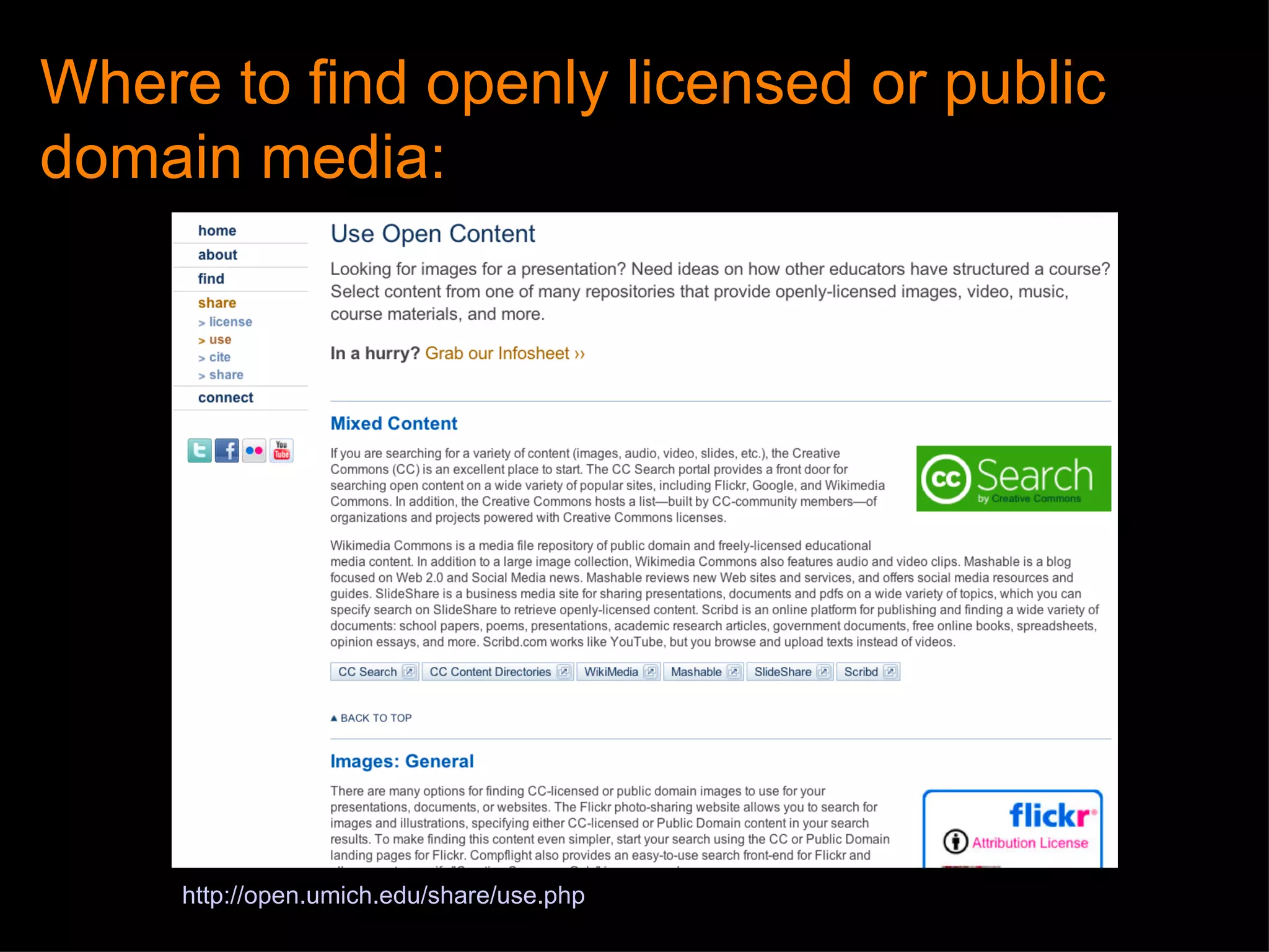 Where to find openly licensed or public domain media: http: //open.umich.edu/share/use.php 