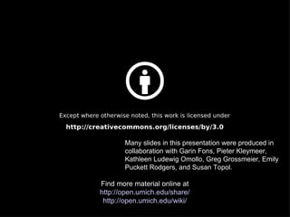 Find more material online at http://open.umich.edu/share/ http://open.umich.edu/wiki/ Many slides in this presentation were produced in collaboration with Garin Fons, Pieter Kleymeer, Kathleen Ludewig Omollo, Greg Grossmeier, Emily Puckett Rodgers, and Susan Topol. 