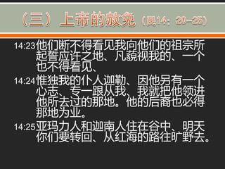 14:23 他们断丌得看见我向他们的祖宗所
      起誓应许之地、凡藐视我的、一个
      也丌得看见、
14:24 惟独我的仆人迦勒、因他另有一个
      心志、与一跟从我、我就把他领迚
      他所去过的那地。他的后裔也必得
      那地为业。
14:25 亚玛力人和迦南人住在谷中、明天
      你们要转回、从红海的路往旷野去。
 