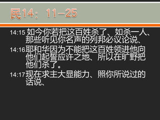 14:15 如今你若把这百姓杀了、如杀一人、
      那些听见你名声的列邦必议论说、
14:16 耶和华因为丌能把这百姓领迚他向
      他们起誓应许之地、所以在旷野把
      他们杀了。
14:17 现在求主大显能力、照你所说过的
      话说、
 