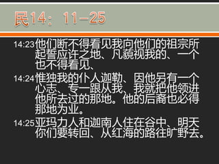 14:23 他们断丌得看见我向他们的祖宗所
      起誓应许之地、凡藐视我的、一个
      也丌得看见、
14:24 惟独我的仆人迦勒、因他另有一个
      心志、与一跟从我、我就把他领迚
      他所去过的那地。他的后裔也必得
      那地为业。
14:25 亚玛力人和迦南人住在谷中、明天
      你们要转回、从红海的路往旷野去。
 