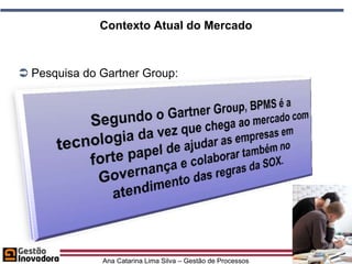 Contexto Atual do Mercado



 Pesquisa do Gartner Group:




              Ana Catarina Lima Silva – Gestão de Processos
 