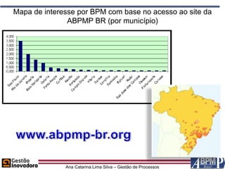 Mapa de interesse por BPM com base no acesso ao site da
               ABPMP BR (por município)




              Ana Catarina Lima Silva – Gestão de Processos
 