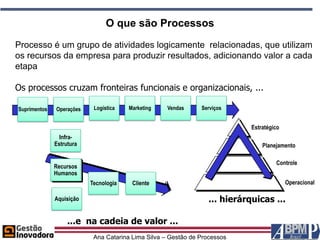 O que são Processos
Processo é um grupo de atividades logicamente relacionadas, que utilizam
os recursos da empresa para produzir resultados, adicionando valor a cada
etapa

Os processos cruzam fronteiras funcionais e organizacionais, ...

Suprimentos   Operações     Logística   Marketing    Vendas     Serviços


                                                                              Estratégico
                Infra-
              Estrutura                                                           Planejamento

                                                                                       Controle
              Recursos
              Fornecedor
              Humanos
               de peças
                           Tecnologia    Cliente                                            Operacional

              Aquisição                                            ... hierárquicas ...

                   ...e na cadeia de valor ...
                            Ana Catarina Lima Silva – Gestão de Processos
 