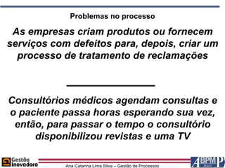Problemas no processo

 As empresas criam produtos ou fornecem
serviços com defeitos para, depois, criar um
  processo de tratamento de reclamações



Consultórios médicos agendam consultas e
o paciente passa horas esperando sua vez,
 então, para passar o tempo o consultório
     disponibilizou revistas e uma TV

            Ana Catarina Lima Silva – Gestão de Processos
 
