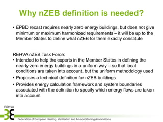 Why nZEB definition is needed?
• EPBD recast requires nearly zero energy buildings, but does not give
  minimum or maximum harmonized requirements – it will be up to the
  Member States to define what nZEB for them exactly constitute


REHVA nZEB Task Force:
• Intended to help the experts in the Member States in defining the
  nearly zero energy buildings in a uniform way – so that local
  conditions are taken into account, but the uniform methodology used
• Proposes a technical definition for nZEB buildings
• Provides energy calculation framework and system boundaries
  associated with the definition to specify which energy flows are taken
  into account




  Federation of European Heating, Ventilation and Air-conditioning Associations
 