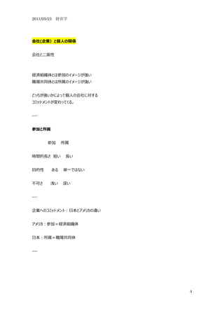 2011/05/23 経営学




会社(企業）と個人の関係


会社と二面性




経済組織体とは参加のイメージが強い
職場共同体とは所属のイメージが強い


どっちが強いかによって個人の会社に対する
コミットメントが変わってくる。


---


参加と所属


      参加     所属


時間的長さ 短い      長い


目的性     ある   単一ではない


不可さ    浅い    深い


---


企業へのコミットメント：日本とアメリカの違い


アメリカ：参加＝経済組織体


日本：所属＝職場共同体


---




                         4
 