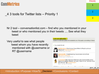 ComMetrics
  _4 3 tools for Twitter lists – Priority 1



   Nr 2 tool – conversationlist.com – find who you mentioned in your
       tweet or who mentioned you in their tweets .... See what they
       tweet

   Very useful to see what people
      tweet whom you have recently
       mentioned with @username or
       RT @username




                                                                       2011_05_24

  >Introduction >Purpose >HowTo _Decision >Conclusions >Contact
 