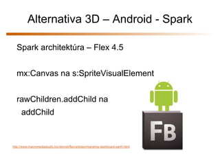 Alternativa 3D – Android - Spark

  Spark architektúra – Flex 4.5


  mx:Canvas na s:SpriteVisualElement


  rawChildren.a...