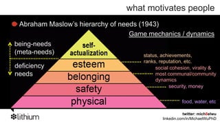 what motivates people
 Abraham Maslow’s hierarchy of needs (1943)
                                  Game mechanics / dynamics
being-needs
(meta-needs)                           status, achievements,
                                      ranks, reputation, etc.
deficiency                                 social cohesion, virality &
needs                                      most communal/community
                                           dynamics
                                                 security, money
                                                 (gambling)
                                                        food, water, etc

                                                         twitter: mich8elwu
                                              linkedin.com/in/MichaelWuPhD
 