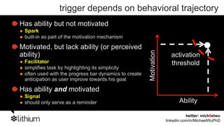 trigger depends on behavioral trajectory
Has ability but not motivated
 Spark
 built-in as part of the motivation mechanism

Motivated, but lack ability (or perceived




                                                       Motivation
ability)                                                              activation
 Facilitator                                                          threshold
 simplifies task by highlighting its simplicity
 often used with the progress bar dynamics to create
 anticipation as user improve towards his goal

Has ability and motivated
 Signal
 should only serve as a reminder                                           Ability

                                                                               twitter: mich8elwu
                                                                    linkedin.com/in/MichaelWuPhD
 