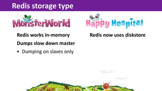 Redis  storage  type


 Redis  works  in-­‐memory     Redis  now  uses  diskstore
 Dumps  slow  down  master
 • Dumping  o...
