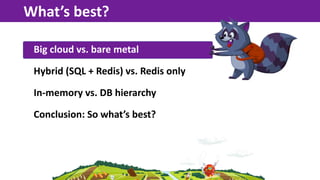 What’s  best?

 Big  cloud  vs.  bare  metal

 Hybrid  (SQL  +  Redis)  vs.  Redis  only

 In-­‐memory  vs.  DB  hierarchy...