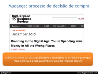 Mudança: processo de decisão de compra Até 90% da verba vai para a publicidade e promoções no varejo. Só que o que mais incentiva a pessoa a comprar é o elogio feito por alguém