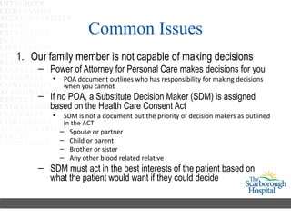 Common Issues Our family member is not capable of making decisions Power of Attorney for Personal Care makes decisions for you POA document outlines who has responsibility for making decisions when you cannot If no POA, a Substitute Decision Maker (SDM) is assigned  based on the Health Care Consent Act SDM is not a document but the priority of decision makers as outlined in the ACT  Spouse or partner Child or parent  Brother or sister Any other blood related relative SDM must act in the best interests of the patient based on what the patient would want if they could decide 
