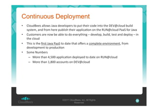 Continuous Deployment
• 
• 
• 
• 

:&)82A33#'%&&)I#'7%?%'23?3&)03+#'$)'08$'$.3*+'-)23'*"$)'$.3'TO4m-&)82'=8*&2'
#J#$3LH'%"2'C+)L'.3+3'08=&*#.'$.3*+'%00&*-%B)"')"'$.3'X/Gm-&)82',%%5'C)+'7%?%'
:8#$)L3+#'%+3'")I'=3'%=&3'$)'2)'3?3+J$.*"1'S'23?3&)0H'=8*&2H'$3#$'%"2'230&)J'S'*"'
$.3'-&)82'
9.*#'*#'$.3'b+#$'7%?%',%%5'$)'2%$3'$.%$')M3+#'%'-)L0&3$3'3"?*+)"L3"$H'C+)L'
23?3&)0L3"$'$)'0+)28-B)"'
5)L3'G8L=3+#'
–  ()+3'$.%"'qHj[['%00&*-%B)"'230&)J32'$)'2%$3')"'X/Gm-&)82'
–  ()+3'$.%"'lHr[['%--)8"$#')"'TO4m-&)82'

©2011 CloudBees, Inc. All Rights
Reserved

24

 