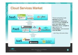Cloud Services Market

,--,&

"Cloud computing is ondemand access to
virtualized IT resources
that are housed outside of
your own data center,
shared by others, simple to
use, paid for via
subscription, and accessed
over the Web.“

'--,&

- John Foley, Information Week

.--,&
©2011 Cloud Bees, Inc. All Rights
Reserved

6

 