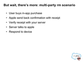 But wait, there’s more: multi-party rm scenarioUser buys in-app purchaseApple send back confirmation with receiptVerify receipt with your serverServer talks to appleRespond to device