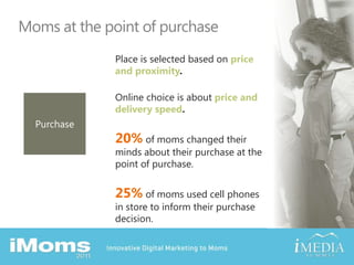 Moms at the point of purchasePlace is selected based on priceand proximity. Online choice is about price and delivery speed.20% of moms changed their minds about their purchase at the point of purchase.25% of moms used cell phones in store to inform their purchase decision.Purchase