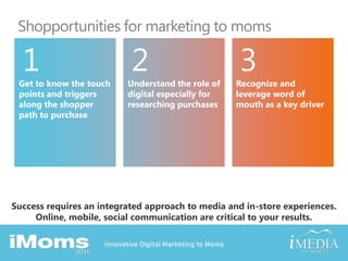 Shopportunities for marketing to moms123Get to know the touch points and triggers along the shopper path to purchaseUnderstand the role of digital especially for researching purchasesRecognize and leverage word of mouth as a key driverSuccess requires an integrated approach to media and in-store experiences.Online, mobile, social communication are critical to your results.