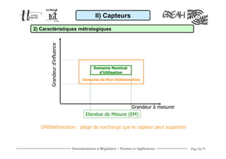 II) Capteurs

2) Caractéristiques métrologiques




       Grandeur d’influence

                                            Domaine Nominal
                                              d’Utilisation
                                    Domaine de Non Détérioration




                                                                    Grandeur à mesurer
                                      Etendue de Mesure (EM)

   DNDétérioration : plage de surcharge que le capteur peut supporter



                              Instrumentation et Régulation − Normes et Applications     Page 24/70
 