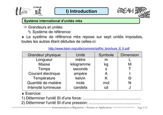 I) Introduction

 Système international d'unités mks
    Grandeurs et unités:
      Système de référence:
♦ Le système de référence mks repose sur sept unités imposées,
toutes les autres étant déduites de celles-ci:
               http://www.bipm.org/utils/common/pdf/si_brochure_8_fr.pdf

  Grandeur physique                  Unité                 Symbole        Dimension
       Longueur                      mètre                   m                L
        Masse                    kilogramme                  kg              M
        Temps                      seconde                    s               T
   Courant électrique               ampère                    A               I
      Température                    kelvin                   K              Θ
  Quantité de matière                mole                    mol             N
  Intensité lumineuse              candela                   cd               J
♦ Exercice:
1) Déterminer l'unité SI d'une force: ……………………………………………….
2) Déterminer l'unité SI d'une pression: ………………………………………….
                 Instrumentation et Régulation − Normes et Applications           Page 5/70
 