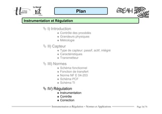 Plan

Instrumentation et Régulation

              I) Introduction
                    ♦ Contrôle des procédés
                    ♦ Grandeurs physiques
                    ♦ Métrologie

              II) Capteur
                    ♦ Type de capteur: passif, actif, intégré
                    ♦ Caractéristiques
                    ♦ Transmetteur

              III) Normes
                    ♦ Schéma fonctionnel
                    ♦ Fonction de transfert
                    ♦ Norme NF E 04-203
                    ♦ Schéma PCF
                    ♦ Schéma TI

              IV) Régulation
                    ♦ Instrumentation
                    ♦ Contrôle
                    ♦ Correction
                Instrumentation et Régulation − Normes et Applications   Page 54/70
 