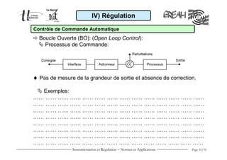 IV) Régulation

Contrôle de Commande Automatique
  Boucle Ouverte (BO): (Open Loop Control):
    Processus de Commande:




♦ Pas de mesure de la grandeur de sortie et absence de correction.

  Exemples:
…… …… …… …… …… …… …… …… …… …… …… …… …… ……
…… …… …… …… …… …… …… …… …… …… …… …… …… ……
…… …… …… …… …… …… …… …… …… …… …… …… …… ……
…… …… …… …… …… …… …… …… …… …… …… …… …… ……
…… …… …… …… …… …… …… …… …… …… …… …… …… ……
…… …… …… …… …… …… …… …… …… …… …… …… …… ……
…… …… …… …… …… …… …… …… …… …… …… …… …… ……
…… …… …… …… …… …… …… …… …… …… …… …… …… ……
               Instrumentation et Régulation − Normes et Applications   Page 55/70
 