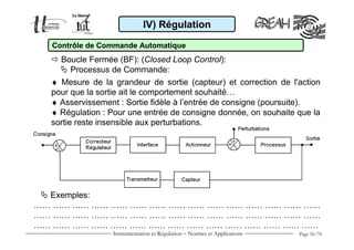 IV) Régulation

  Contrôle de Commande Automatique
    Boucle Fermée (BF): (Closed Loop Control):
        Processus de Commande:
  ♦ Mesure de la grandeur de sortie (capteur) et correction de l'action
  pour que la sortie ait le comportement souhaité…
  ♦ Asservissement : Sortie fidèle à l’entrée de consigne (poursuite).
  ♦ Régulation : Pour une entrée de consigne donnée, on souhaite que la
  sortie reste insensible aux perturbations.




  Exemples:
…… …… …… …… …… …… …… …… …… …… …… …… …… …… ……
…… …… …… …… …… …… …… …… …… …… …… …… …… …… ……
…… …… …… …… …… …… …… …… …… …… …… …… …… …… ……
                 Instrumentation et Régulation − Normes et Applications   Page 56/70
 