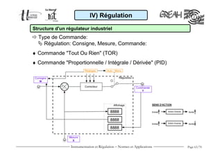 IV) Régulation

Structure d'un régulateur industriel
  Type de Commande:
    Régulation: Consigne, Mesure, Commande:
♦ Commande "Tout Ou Rien" (TOR)
♦ Commande "Proportionnelle / Intégrale / Dérivée" (PID)




                 Instrumentation et Régulation − Normes et Applications   Page 63/70
 