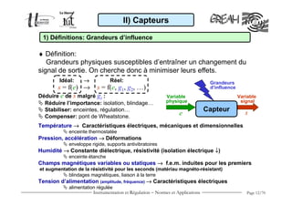 Instrumentation et Régulation − Normes et Applications Page 12/70
Température →→→→ Caractéristiques électriques, mécaniques et dimensionnelles
enceinte thermostatée
Pression, accélération →→→→ Déformations
enveloppe rigide, supports antivibratoires
Humidité →→→→ Constante diélectrique, résistivité (isolation électrique ↓↓↓↓)
enceinte étanche
Champs magnétiques variables ou statiques →→→→ f.e.m. induites pour les premiers
et augmentation de la résistivité pour les seconds (matériau magnéto-résistant)
blindages magnétiques, liaison à la terre
Tension d’alimentation (amplitude, fréquence) →→→→ Caractéristiques électriques
alimentation régulée
1) Définitions: Grandeurs d’influence
e s
Variable
physique
Variable
signal
Grandeurs
d’influence
Capteur
Déduire e de s malgré gi :
Réduire l’importance: isolation, blindage…
Stabiliser: enceintes, régulation…
Compenser: pont de Wheatstone.
♦ Définition:
Grandeurs physiques susceptibles d’entraîner un changement du
signal de sortie. On cherche donc à minimiser leurs effets.
II) Capteurs
s = f(e) → s = f(e, g1, g2, …)
Idéal: →→→→ Réel:
 