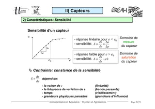 Instrumentation et Régulation − Normes et Applications Page 21/70
Sensibilité d’un capteur
ee0
s
∆e
∆s
- réponse linéaire pour e < e0
- sensibilité:
ds s
S
de e
∆
= =
∆
Domaine de
mesure
du capteur
Contrainte: constance de la sensibilité
dépend de:
- la valeur de e (linéarité)
- la fréquence de variation de e (bande passante)
- temps (vieillissement)
- grandeurs physiques parasites (grandeurs d’influence)
2) Caractéristiques: Sensibilité
Domaine de
saturation
du capteur
ds
S
de
=
0
ds
S
de
= →
- réponse faible pour e > e0
- sensibilité:
II) Capteurs
 