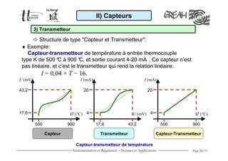 Instrumentation et Régulation − Normes et Applications Page 28/70
♦ Exemple:
Capteur-transmetteur de température à entrée thermocouple
type K de 500 °C à 900 °C, et sortie courant 4-20 mA . Ce capteur n’est
pas linéaire, et c’est le transmetteur qui rend la relation linéaire:
I = 0,04 × T − 16.
II) Capteurs
3) Transmetteur
Structure de type "Capteur et Transmetteur":
Capteur-transmetteur de température
U (mV)
T (°C)
500 900
17,6
43,2
I (mA)
U (mV)
17,6 43,2
4
20
I (mA)
T (°C)4
20
500 900
Capteur Transmetteur Capteur-Transmetteur
 