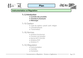Instrumentation et Régulation − Normes et Applications Page 3/70
Plan
I) Introduction
♦ Contrôle des procédés
♦ Grandeurs physiques
♦ Métrologie
II) Capteur
♦ Type de capteur: passif, actif, intégré
♦ Caractéristiques
♦ Transmetteur
III) Normes
♦ Schéma fonctionnel
♦ Fonction de transfert
♦ Norme NF E 04-203
♦ Schéma PCF
♦ Schéma TI
IV) Régulation
♦ Instrumentation
♦ Contrôle
♦ Correction
Instrumentation et Régulation
 