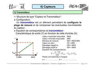 Instrumentation et Régulation − Normes et Applications Page 35/70
♦ Configuration:
Un transmetteur est un élément permettant de configurer la
plage de mesure et de compenser les éventuelles non-linéarités
du capteur.
♦ Équation de correspondance du transmetteur:
Caractéristique de sortie (Y) en fonction de celle d'entrée (X):
II) Capteurs
Structure de type "Capteur et Transmetteur":
Valeur maximale mesurable: MAX
Valeur minimale mesurable: MIN
Étendue de mesure: EM = MAX-MIN
Valeur du zéro: VZ = MIN
Décalage négatif si: EM < MAX
Décalage positif si: EM > MAX
Équation de correspondance:
Pente a et ordonnée à l'origine:
a = …………………. b = ……………………
3) Transmetteur
.( )MAX MIN MIN
X VZ
Y Y Y Y
EM
−
= − +
Y
X
0 MIN MAX
YMIN
YMAX
 