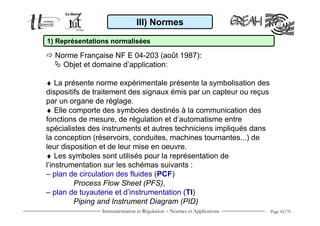 Instrumentation et Régulation − Normes et Applications Page 45/70
III) Normes
1) Représentations normalisées
Norme Française NF E 04-203 (août 1987):
Objet et domaine d’application:
♦ La présente norme expérimentale présente la symbolisation des
dispositifs de traitement des signaux émis par un capteur ou reçus
par un organe de réglage.
♦ Elle comporte des symboles destinés à la communication des
fonctions de mesure, de régulation et d’automatisme entre
spécialistes des instruments et autres techniciens impliqués dans
la conception (réservoirs, conduites, machines tournantes...) de
leur disposition et de leur mise en oeuvre.
♦ Les symboles sont utilisés pour la représentation de
l’instrumentation sur les schémas suivants :
– plan de circulation des fluides (PCF)
Process Flow Sheet (PFS),
– plan de tuyauterie et d’instrumentation (TI)
Piping and Instrument Diagram (PID)
 