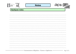 Instrumentation et Régulation − Normes et Applications Page 70/70
Notes
Quelques notes:
………………………………………………………………………………….
………………………………………………………………………………….
………………………………………………………………………………….
………………………………………………………………………………….
………………………………………………………………………………….
………………………………………………………………………………….
………………………………………………………………………………….
………………………………………………………………………………….
………………………………………………………………………………….
………………………………………………………………………………….
………………………………………………………………………………….
………………………………………………………………………………….
………………………………………………………………………………….
………………………………………………………………………………….
………………………………………………………………………………….
………………………………………………………………………………….
 