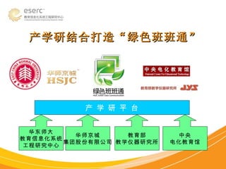 产学研结合打造“绿色班班通” 产 学 研 平 台 华东师大 教育信息化系统 工程研究中心 华师京城 集团股份有限公司 中央 电化教育馆 教育部 教学仪器研究所 