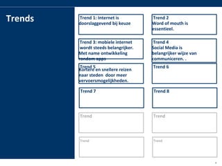Trends    Trend 1: Internet is
           doorslaggevend bij keuze
                                         Trend 2
                                         Word of mouth is
                                         essentieel.

            Trend 3: mobiele internet     Trend 4
            wordt steeds belangrijker.   Social Media is
           Met name ontwikkeling         belangrijker wijze van
           rondom apps                   communiceren. .
           Trend 5                       Trend 6
           Kortere en snellere reizen
           naar steden door meer
           vervoersmogelijkheden.

           Trend 7                       Trend 8




           Trend                         Trend



           Trend                         Trend




la group                                                          4
 