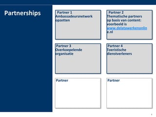 Partnerships    Partner 1
                Ambassadeursnetwerk
                                       Partner 2
                                      Thematische partners
                opzetten              op basis van content:
                                      voorbeeld is
                                      www.delatawerkenonlin
                                      e.nl


                Partner 3             Partner 4
                Overkoepelende        Toeristische
                organisatie           dienstverleners




                Partner               Partner




la group                                                      8
 