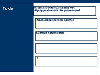 To do     Integrale architectuur website met
           uitgangspunten zoals hier geformuleerd


             Ambassadeursnetwerk opzetten



            Biz model herdefinieren




             x




la group                                            9
 