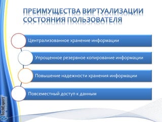 Централизованное хранение информации


  Упрощенное резервное копирование информации


  Повышение надежности хранения информации


Повсеместный доступ к данным
 