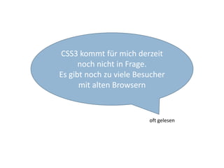 CSS3 kommt für mich derzeit noch nicht in Frage. Es gibt noch zu viele Besucher mit alten Browsernoft gelesen