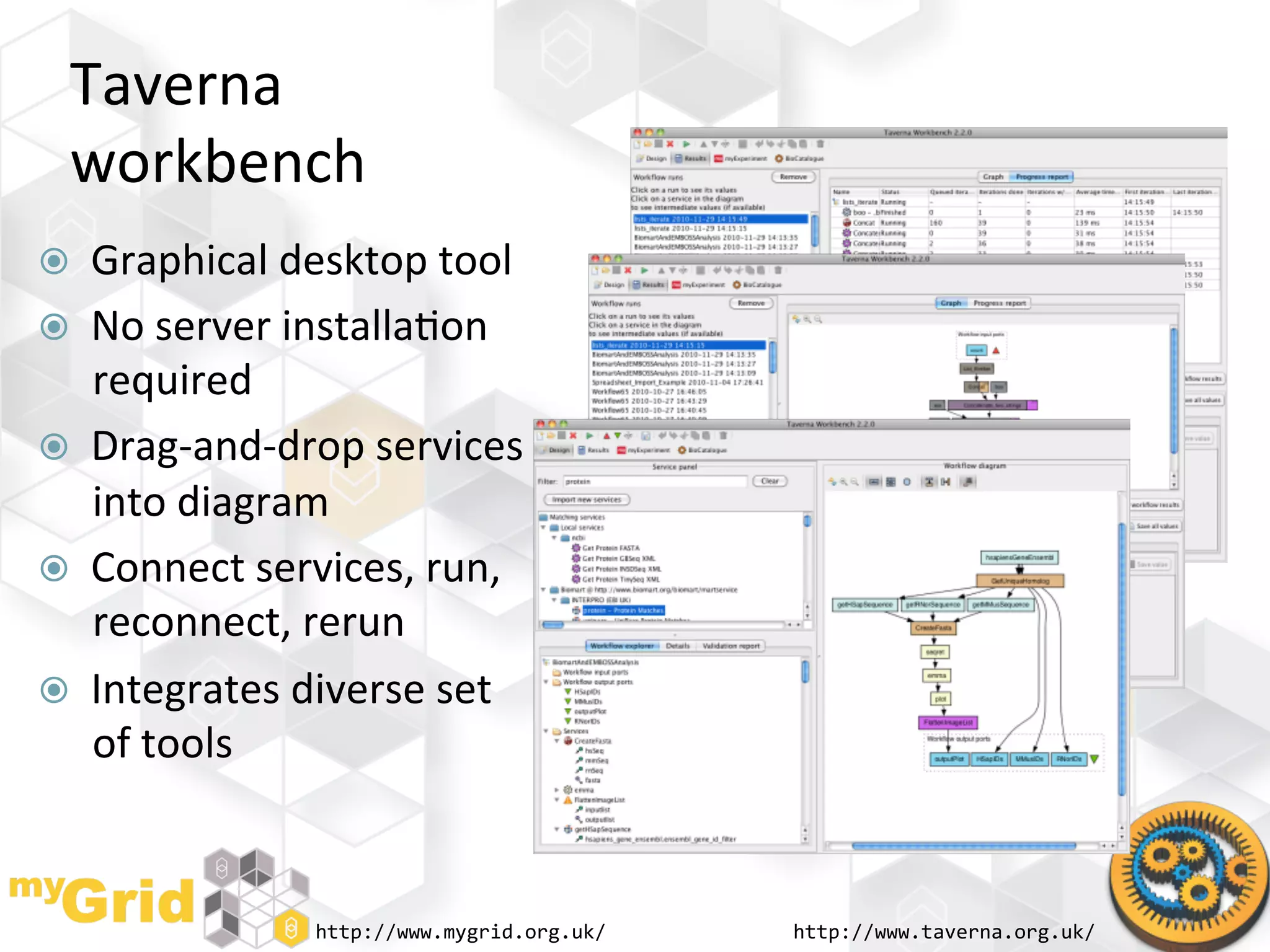 Taverna	
  	
  
 workbench	
  
    Graphical	
  desktop	
  tool	
  	
  
    No	
  server	
  installa"on	
  
     required	
  
    Drag-­‐and-­‐drop	
  services	
  
     into	
  diagram	
  
    Connect	
  services,	
  run,	
  
     reconnect,	
  rerun	
  
    Integrates	
  diverse	
  set	
  
     of	
  tools	
  


                       http://www.mygrid.org.uk/	
     http://www.taverna.org.uk/	
  
 