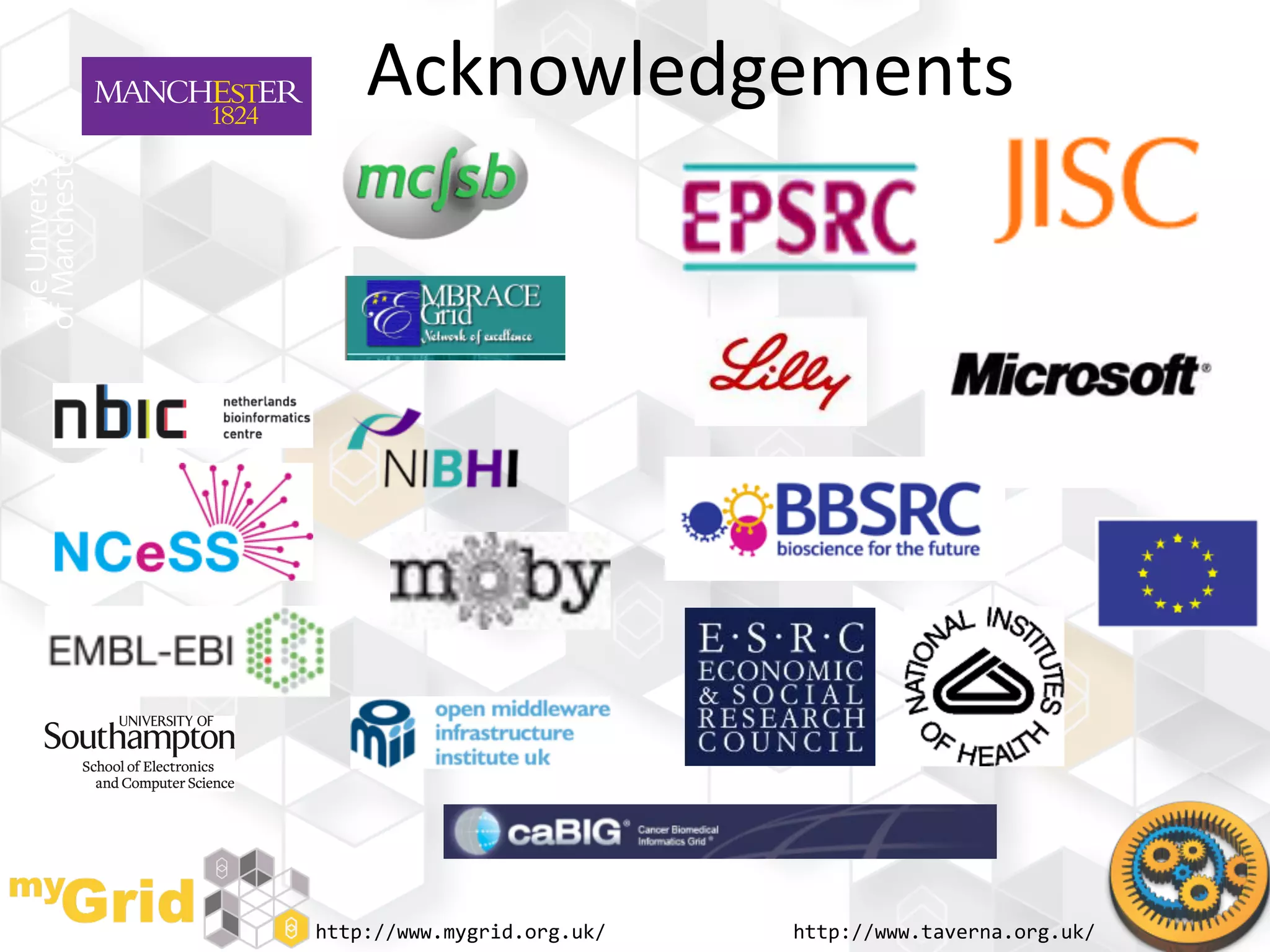 Acknowledgements	
  




http://www.mygrid.org.uk/	
     http://www.taverna.org.uk/	
  
 