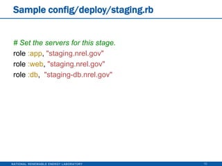 Getting Started With Capistrano7$sudo gem install capistranocapistrano-ext$cd my_project$capify .[add] writing './Capfile'[add] making directory './config'[add] writing './config/deploy.rb'[done] capified!