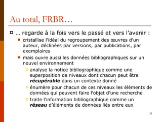 Au total, FRBR… … regarde à la fois vers le passé et vers l’avenir : cristallise l’idéal du regroupement des œuvres d’un auteur, déclinées par versions, par publications, par exemplaires mais ouvre aussi les données bibliographiques sur un nouvel environnement analyse la notice bibliographique comme une superposition de niveaux dont chacun peut être  récupérable  dans un contexte donné énumère pour chacun de ces niveaux les éléments de données qui peuvent faire l’objet d’une recherche traite l’information bibliographique comme un  réseau  d’éléments de données liés entre eux 