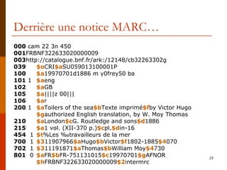 Derrière une notice MARC… 000  cam 22 3n 450  001 FRBNF322633020000009  003 http://catalogue.bnf.fr/ark:/12148/cb32263302g  039   $o CRI $a SU059013100001P 100   $a 19970701d1886 m y0frey50 ba 101  1  $a eng 102   $a GB 105   $a ||||z 00||| 106   $a r 200  1  $a Toilers of the sea $b Texte imprimé $f by Victor Hugo $g authorized English translation, by W. Moy Thomas 210   $a London $c G. Routledge and sons $d 1886 215   $a 1 vol. (XII-370 p.) $c pl. $d in-16 454   1 $t %Les ‰travailleurs de la mer 700   1 $3 11907966 $a Hugo $b Victor $f 1802-1885 $4 070 702   1 $3 11191871 $a Thomas $b William Moy $4 730 801   0 $a FR $b FR-751131015 $c 19970701 $g AFNOR $h FRBNF322633020000009 $2 intermrc  